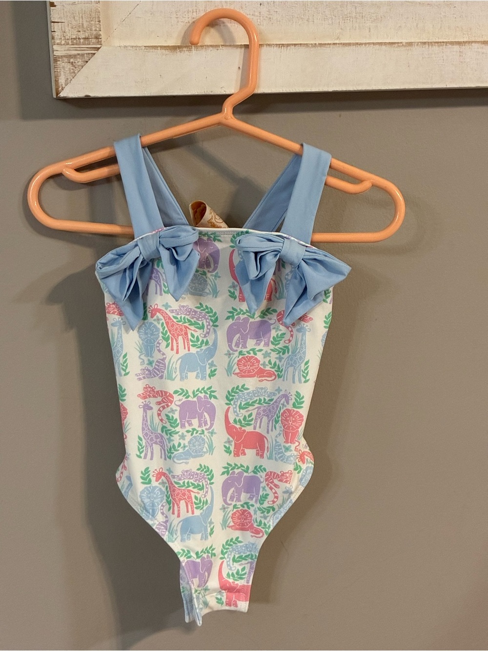 Girls' Pastel Animal Print One-Piece Swimsuit with Blue Bow Straps